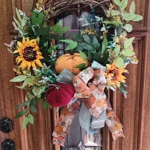 Sunflower and Pumpkin Wreath with Bow